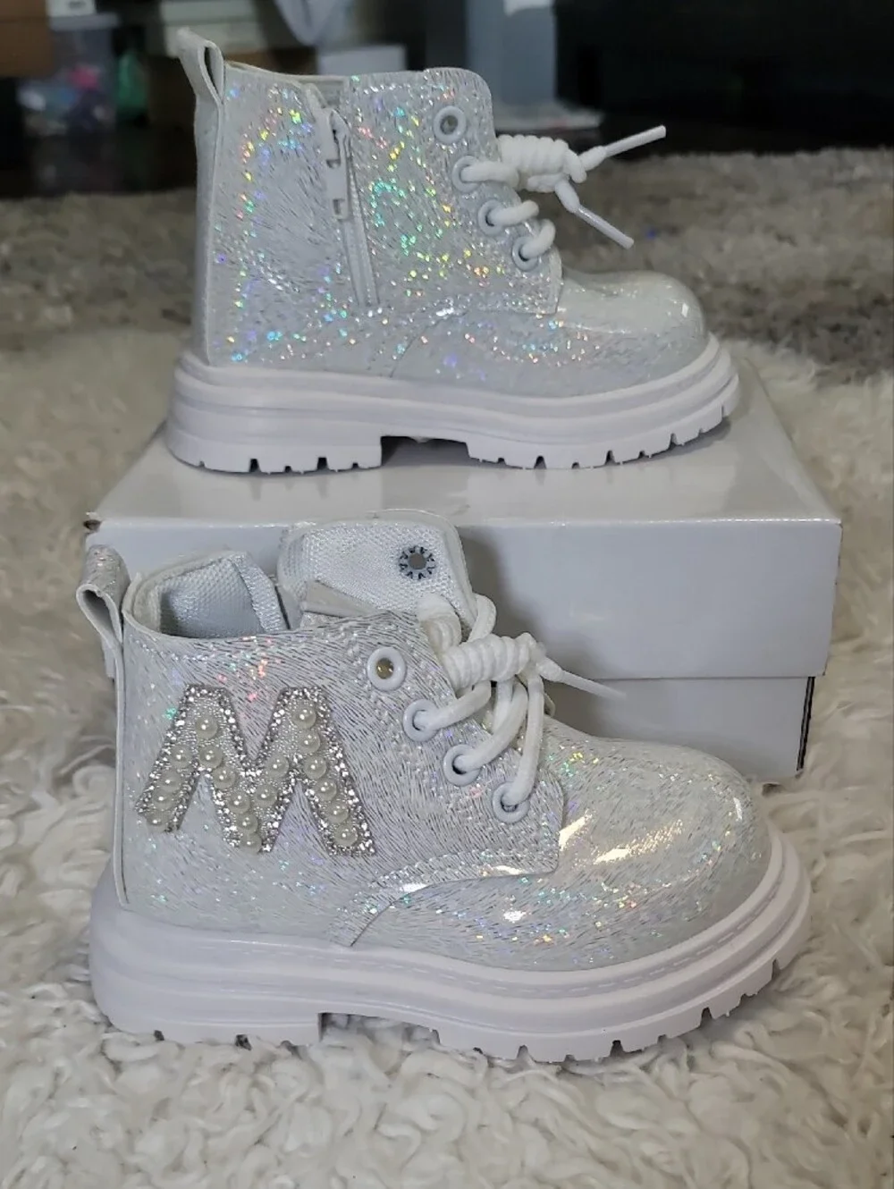 Sparkle White Kids Lace-Up Ankle Boots with Side Zip